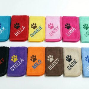 Personalised Dog Towel with Name – Embroidered Puppy Towel with Paw Print, Soft Towelling Pet Cloth 25x25cm