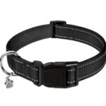 Nylon strong dog Collar with reflective stripes & pendant (Black) - Adjustable sizes - safe walking