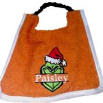 Personalised Christmas Dog Bib – Custom Name Holiday Bib with Embroidered Green Character & Santa Hat | Waterproof Backing & Soft Towelling