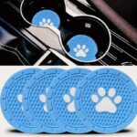 Paw Print Car Coasters – Set of 4 Absorbent Holders for Dog Lovers (Light Blue)